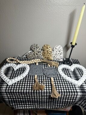 Rustic Decorative Heart and Tassel home  Accents - White, Natural, Gray